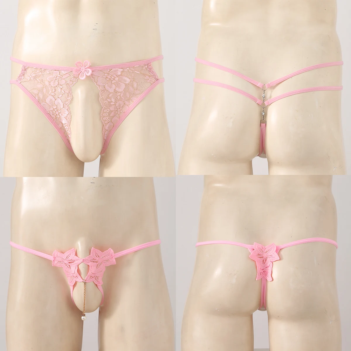 Mens Flower Lace G-string Briefs Sissy Crossdress Underwear Nightwear Embroidery Low Waist Crotchless Open Butt T-back Thongs
