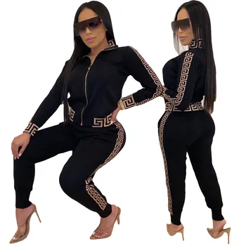 2025 y2k Tracksuit Women Elegant Two -Pieces Suit Sets Female Stylish Plus Size Greek Fret Print Coat & Pant Sets jogging femme