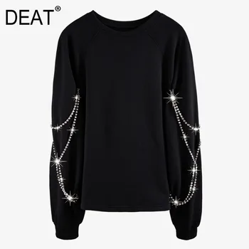 

DEAT 2020 New Round Neck Lantern Sleeves Pullover Metal Chain Spliced Loose Sweatshirt Female Top WJ53700L