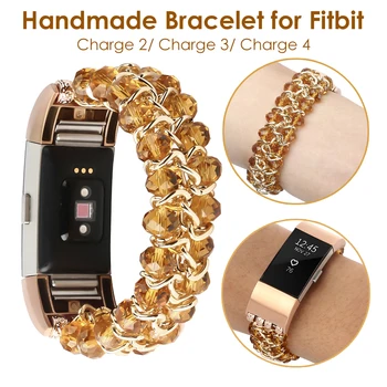 

Crystal Beaded Bracelet for Fitbit Charge 2/ Charge 3/ Charge 4 Bands Strap Handmade Elastic Wrist Band Women Girls Gold Jewelry