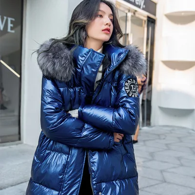 blue Новая зимняя пуховая парка с хлопковой подкладкой для женщин, длинная яркая свободная плотная большая куртка с меховым воротником, женская верхняя одежда - Цвет: blue