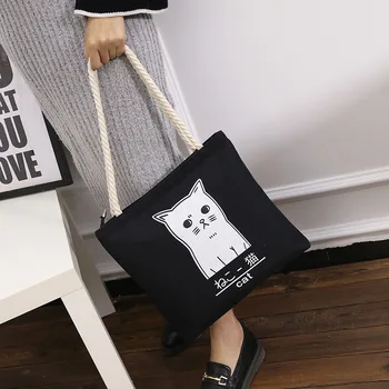 

Ladies Shoulder Bag 2020 Literary Canvas Zipper Big Bag Female Student School Bag Hemp Rope Handbag Cloth Printed Shopping Bag