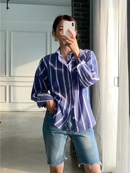 

New Cotton Loose Women's Shirt Stripes Vintage Long Sleeve Ladies Tops And Blouses