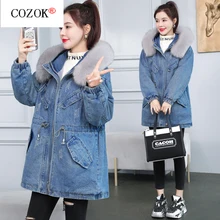 New Winter Denim Jacket Women's Real Fox Fur Collar Plus Fleece Lining Denim Parka Coat Short Wash  Jacket Women Streetwear