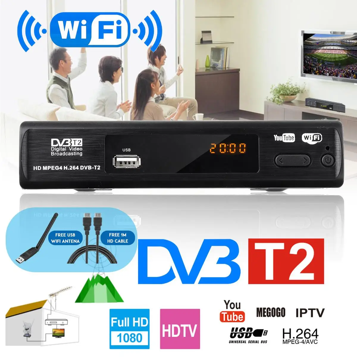 DVB-T2 приемник Full-HD 1080P цифровой смарт-ТВ-бокс USB2.0 DVB T2 ТВ-тюнер Поддержка MPEG H.264 I P tv Встроенный Русский Руководство