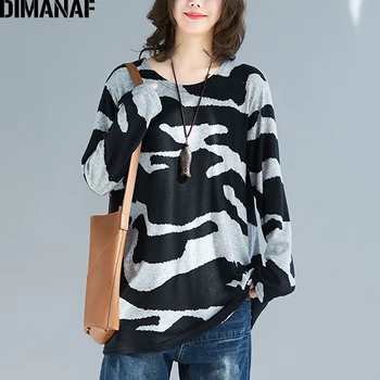 

DIMANAF Autumn Plus Size Women T-Shirts Cotton Loose Casual Lady Tops Tunic Long Sleeve Tees Shirts Print Black Elastic Clothing