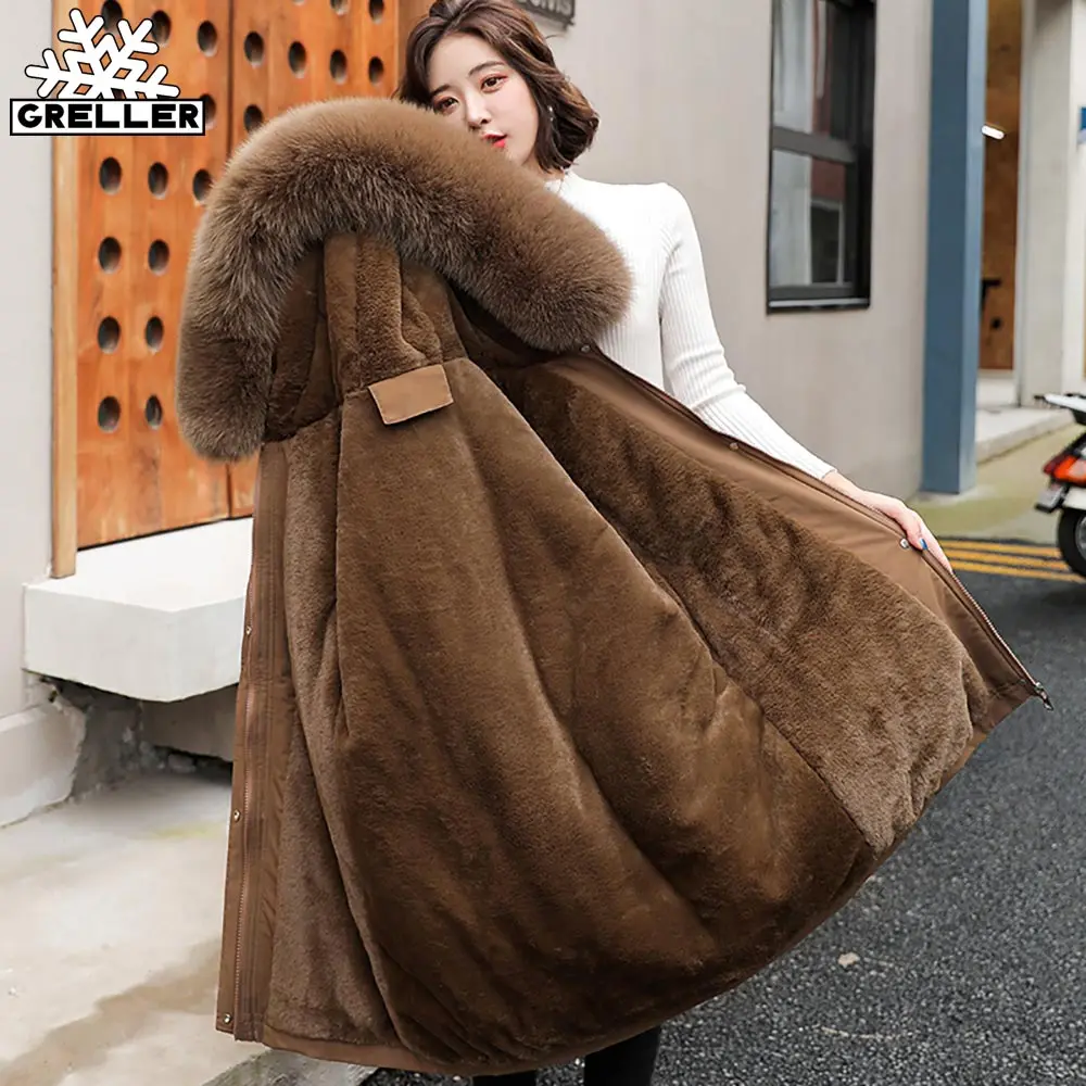 GRELLER 2022 New Fashion Long Winter Coat Women Clothing Wool Liner Hooded Parkas Slim With Fur Collar Warm Winter Jacket Women