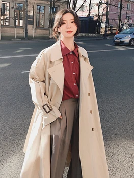 

European Style Loose Long Women Trench Coat Double-Breasted Belted Windbreaker Lady Cloak Female Outerwear Clothes