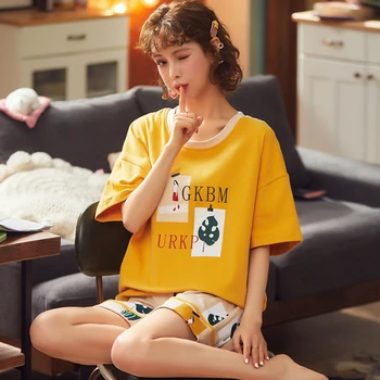 

Summer Cool Pajama Sets For Women 2 Pcs Short-sleeve Trousers Loose Comfort Pyjamas Cotton Pijama Female Casual Night Sleepwear