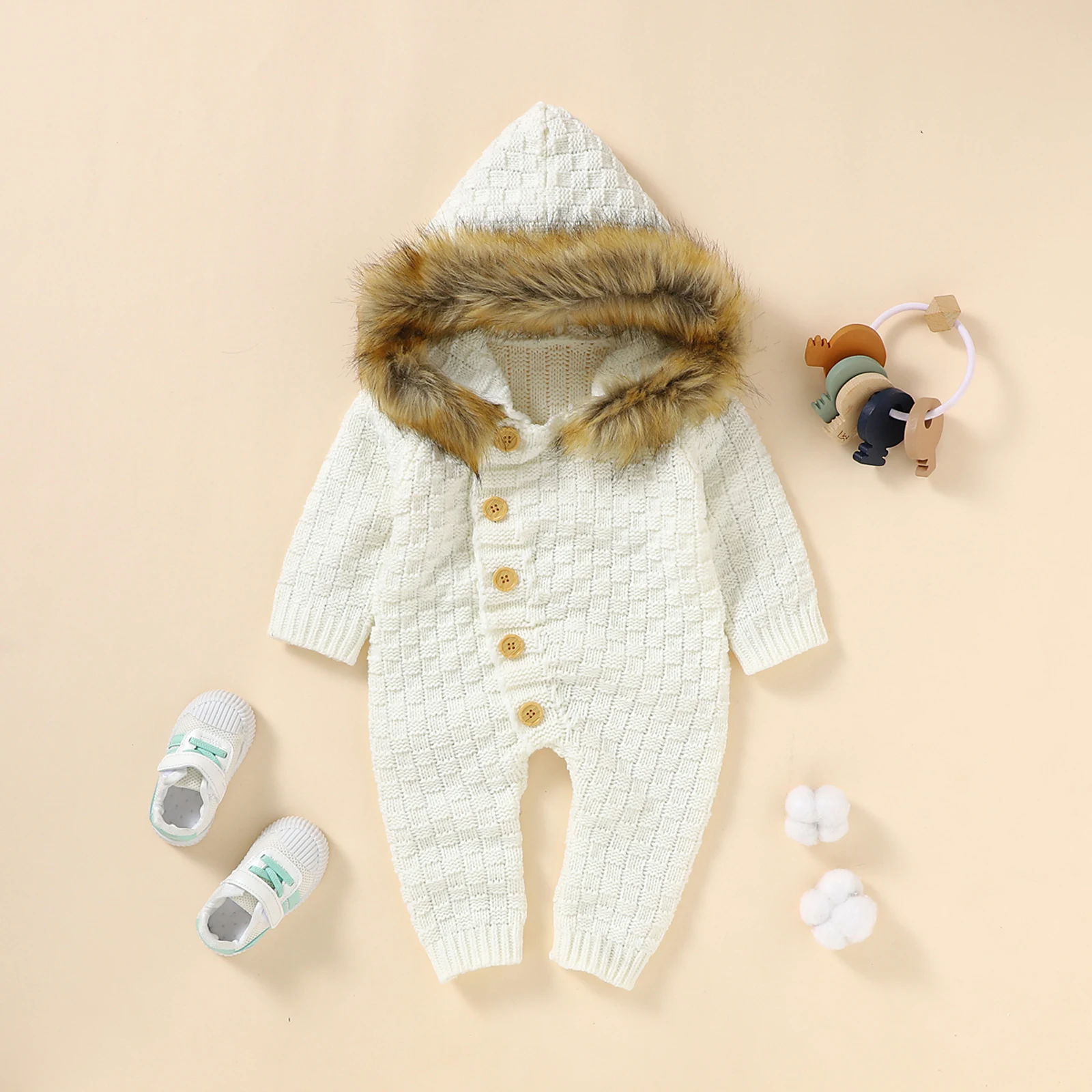 Baby Sweater Jumpsuits Winter Boys Girls Clothes Toddler Long Sleeve Single-breasted Knitted Furry Hooded Sweaters 0-24M
