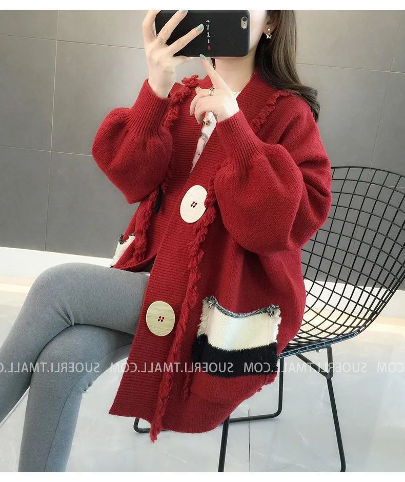 Офисный женский модный свободный негабаритный вязаный кардиган, Однотонный свитер с v-образным вырезом, длинный рукав, женская зимняя одежда