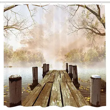

Polyester Shower Curtain Wooden Bridge, Fall Foggy Trees Lake River Country Scene Bathroom Decor Nature Fabric Waterproof Shower