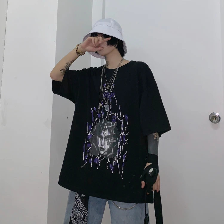Harajuku Darkness, женские футболки, винтажные, с рисунком молнии, с круглым вырезом, с коротким рукавом, черные, повседневные футболки, футболка с готическим рисунком, топы