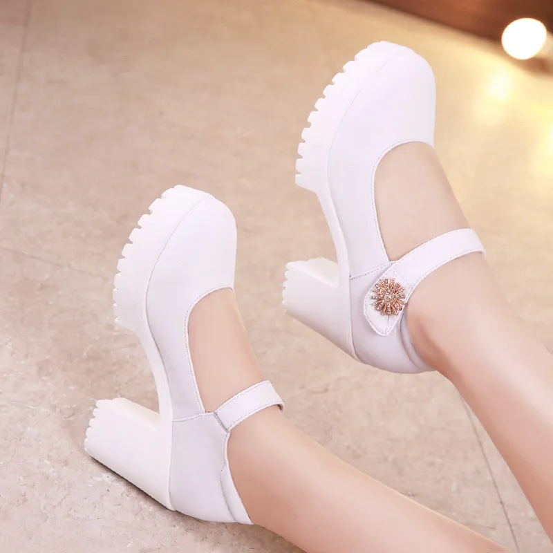 white 8cm heel Обувь на платформе и блочном каблуке женская свадебная обувь г. Весенне-осенние серебристые и белые туфли-лодочки на высоком каблуке Женская офисная обувь для вечеринок 41, 42, 43 - Цвет: white 8cm heel