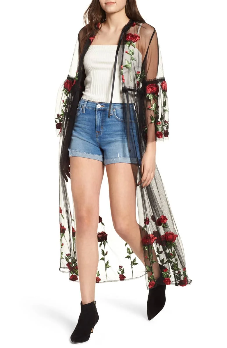 

OUMEA Summer Rose Flower Embroidery Mesh Kimono Women Beach Sheer Mesh Cover Up Casual Party Vintage Vacation Chic Kimono