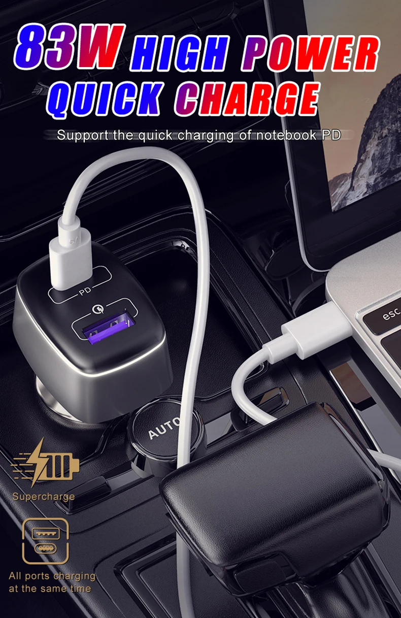 Carregador de Carro Rápido para o Telefone Usb tipo c Porta Dupla Carregamento Móvel Portátil Carga Rápida 3.0 85w pd qc 1 85w carregador de carro usb tipo c