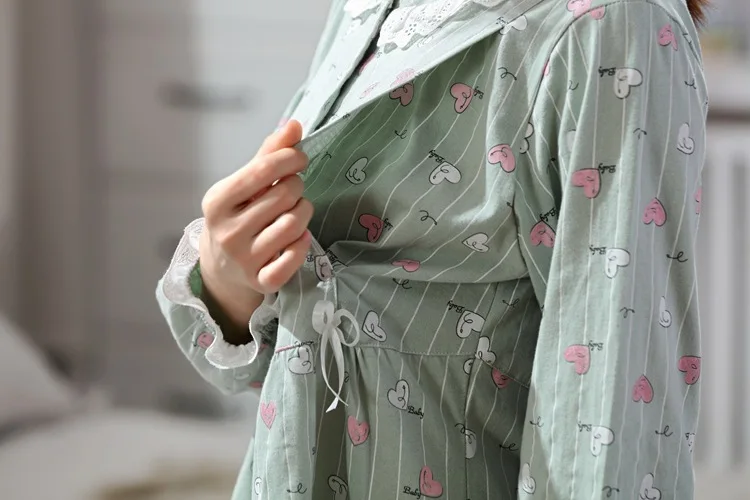 Cotton Maternity Nursing Nightwear Spring Autumn Breathable Fashion Lace Sleepwear for Pregnant Women Pregnancy Pajamas