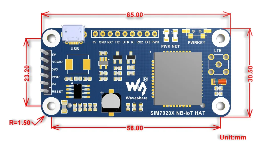 Waveshare NB-IoT HAT для Raspberry Pi, на основе SIM7020E, B1/B3/B5/B8/B20/B28 диапазонов, для Европы, Азии, Африки, Австралии