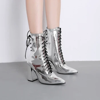

2019 shoes woman boots woman summer ankle boots for women Bright color fashion style new Lace-up women's boots Silver shoes