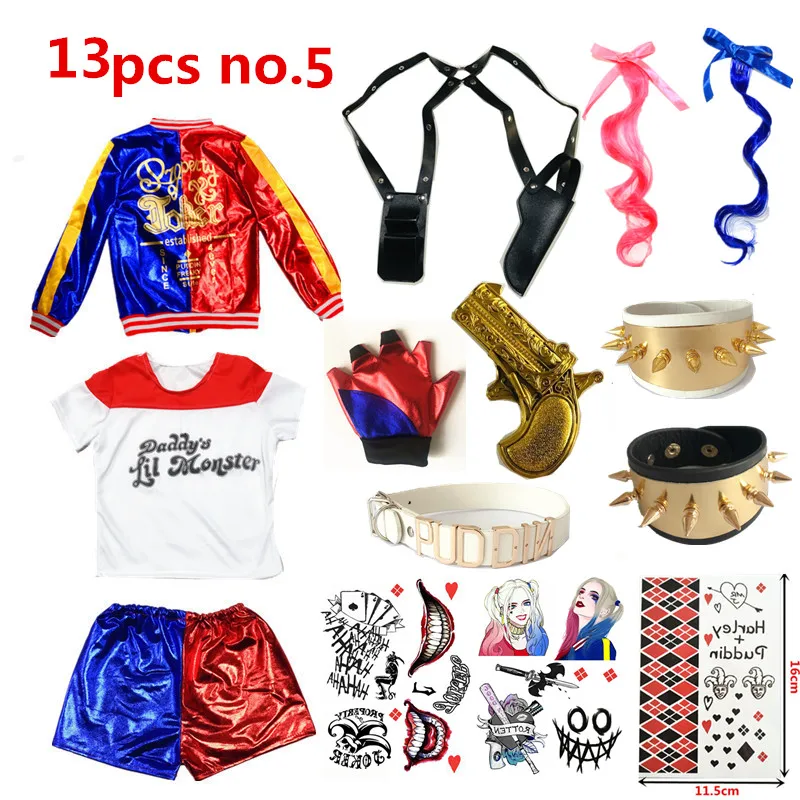 Women's Costumes Harleen Quinzel Cosplay Costumes Харли Куинн Kids Girls Halloween Carnival T Shirt Bracer Joker Jacket Belt Wig Gloves ladies halloween costumes Cosplay Costumes