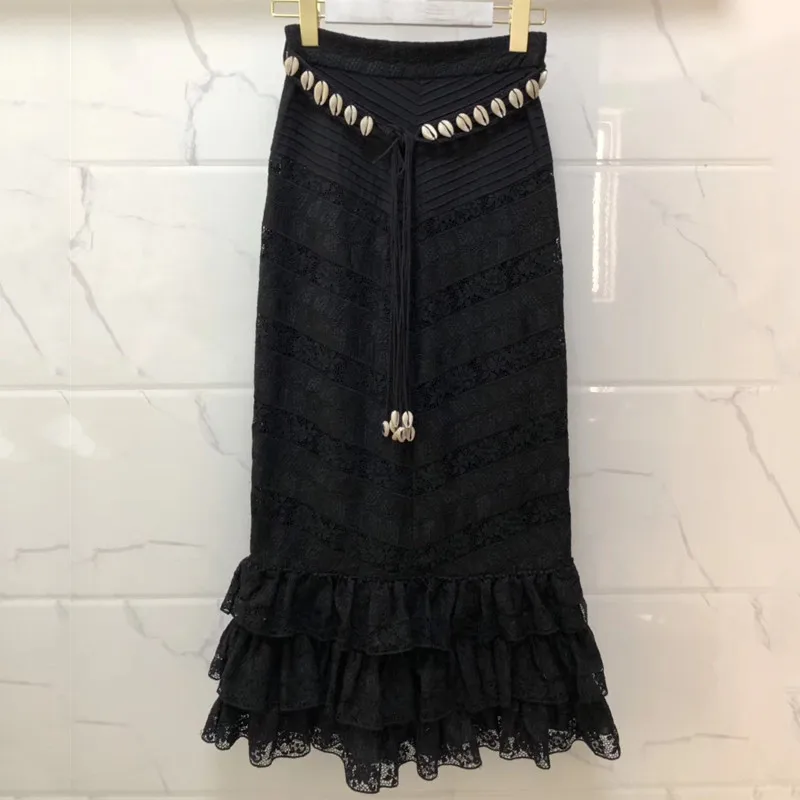 Модная кружевная юбка Женская высокая талия труба однотонная длинная юбка женская черная белая вечерние повседневные юбки