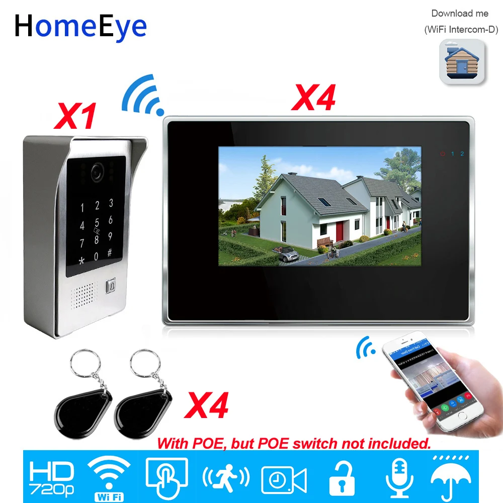 IP Video Intercom System 720P Wifi Video Door Phone 7'' Touch Screen Mobile App/Password/IC Card Unlock Security Access Control