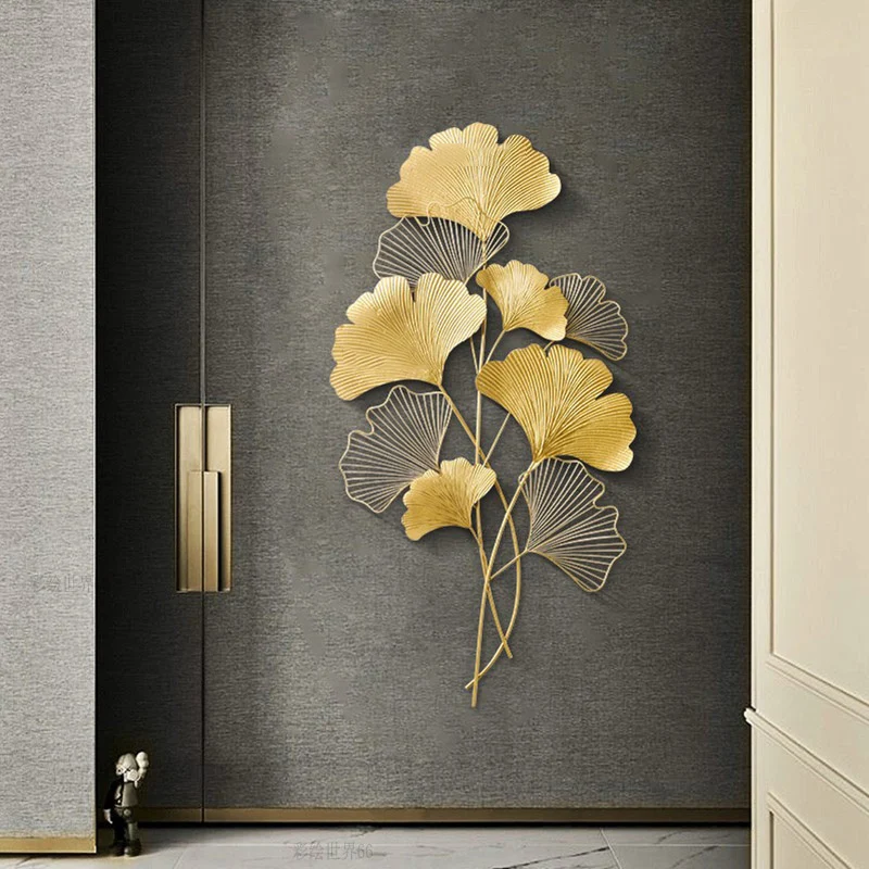 

New Chinese Wrought Iron Ginkgo Leaf Wall Mural Ornaments Home Sofa Background Wall Decoration Crafts Porch Hotel Wall Sticker