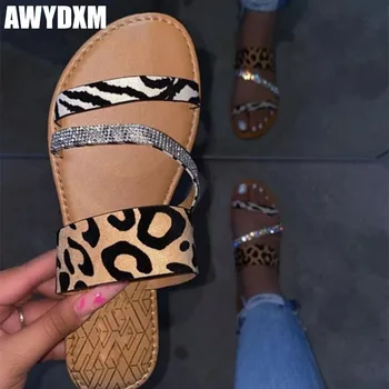 

Leopard print slippers women 2020 summer sexy crystal bling lady flat Leisure shoes woman outside beach slip slides mujer