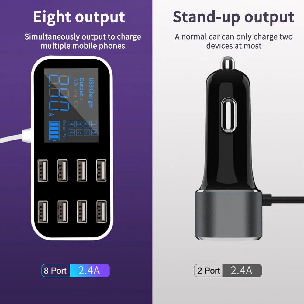 Мульти 8 портов USB быстрое автомобильное зарядное устройство ЖК-дисплей адаптер для Iphone Xiaomi samsung для Ipad умное устройство универсальный автомобиль Быстрая зарядка