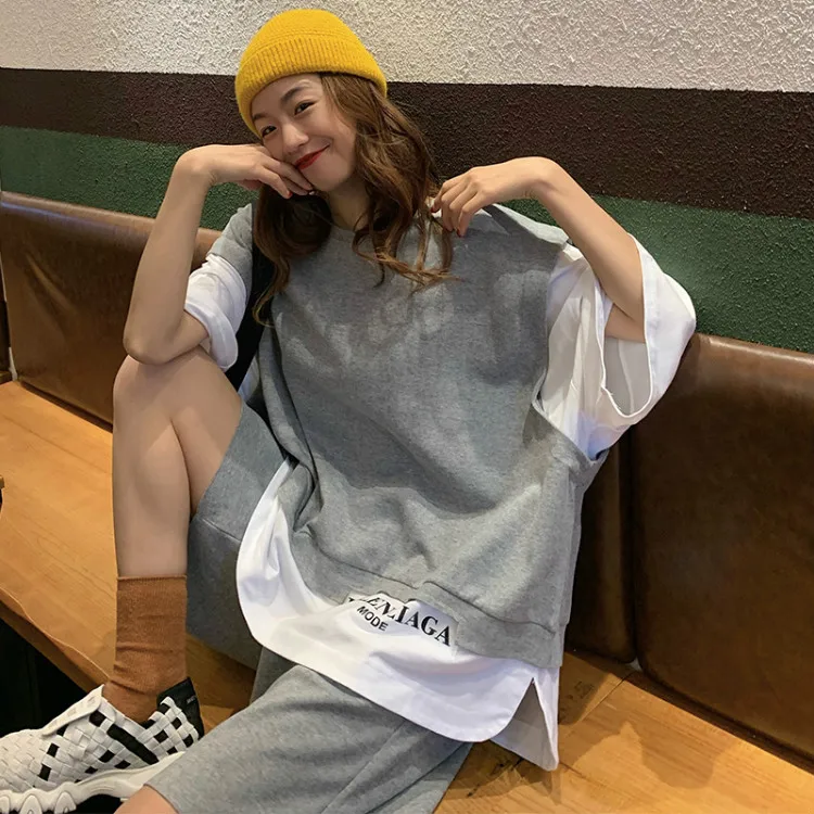 Womens Tracksuits Summmer fake two Piece Outfit Grey Oversize T Shirt and Sporting Short Pants Solid Color Streetwear Sweat Sets shorts co ord