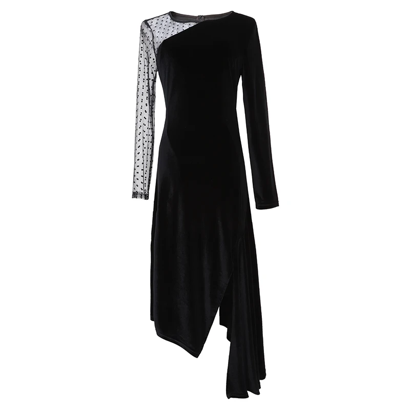 VERDEJULIAY Runway Velvet Dress Autumn Winter New Fashion Irregular Long Sleeve Dot Mesh Black Women Midi Slim Dress