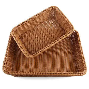 

Bread Basket 2Pcs Rectangle Imitation Rattan Woven Storage Basket For Fruit Food Vegetables Large Poly Wicker Bread Basket
