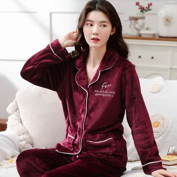 

Flannel Pajamas Set Women Winter 2PCS Shirt&Pant Coral Fleece Pyjamas Suit Female Sleepwear Warm Sleep Set Thick Home Wear