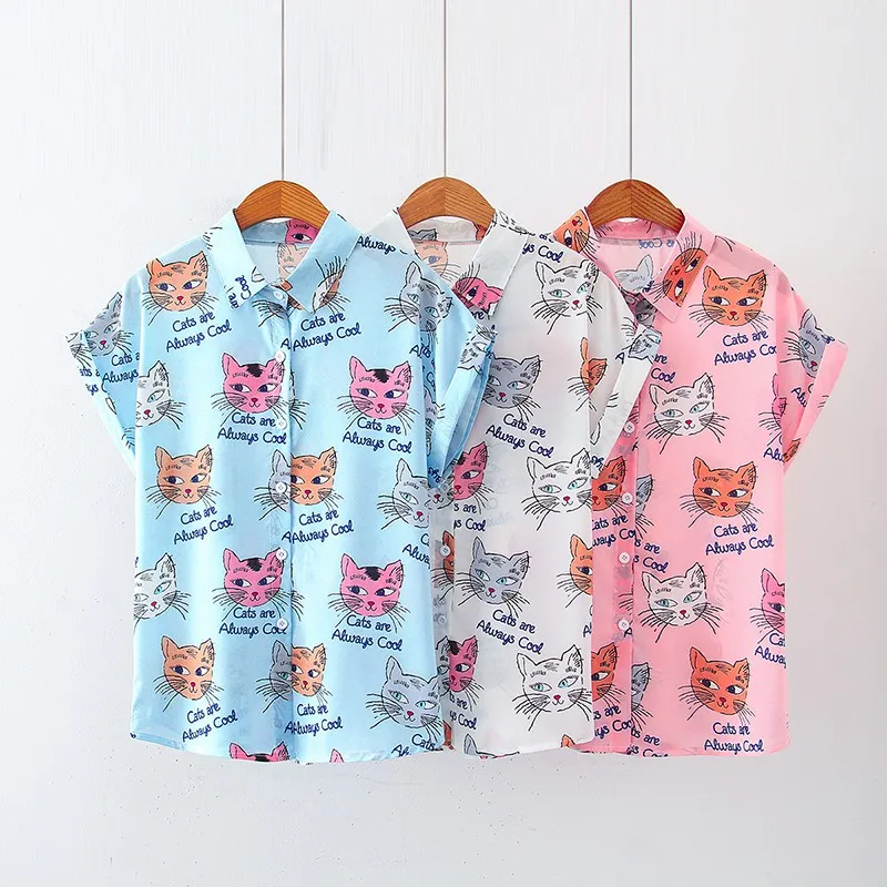 

Fashion Summer Blouse Slim Short Sleeve Shirts Fashion Cat Print Shirt Stand Collar Blouses