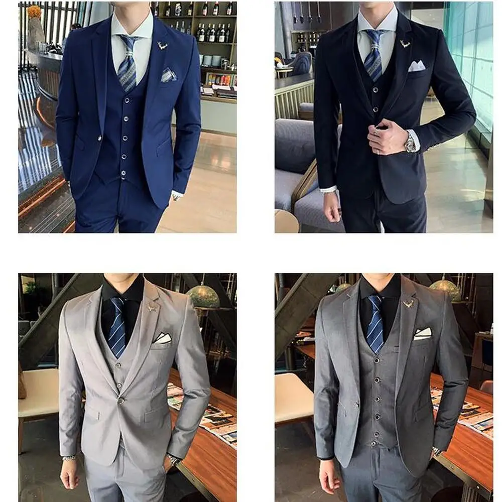 Сплошной цвет slim fit мужской костюм из 3 предметов свадебное платье мужской повседневный деловой пиджак Свадебный Выпускной костюм жениха одежда смокинг