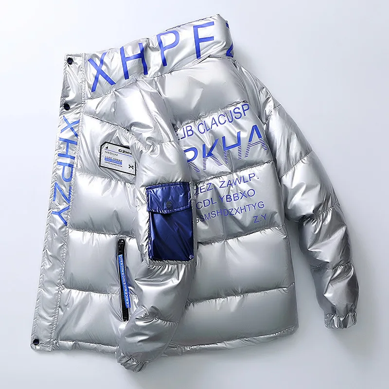 

winter men's padded clothes trend standing collar bright face down cotton clothes bright leather wind waterproof cotton jacket