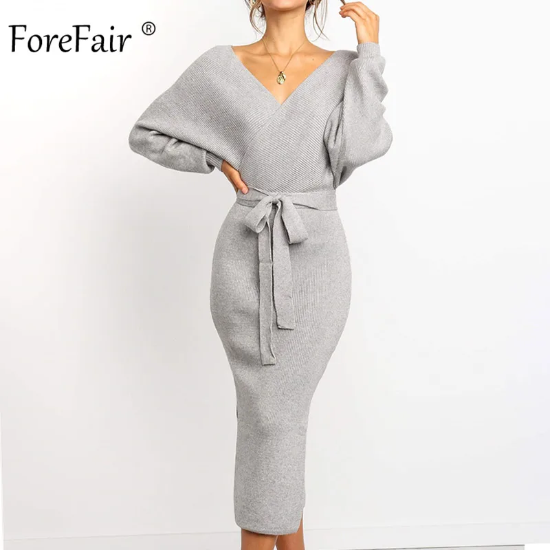 Forefair пикантные Свитер с длинными рукавами платье для женщин 2019 вечерние разрез