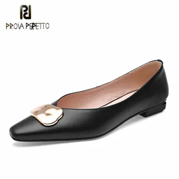 

Prova Perfetto 2020 Square Toe Shallow Genuine Leather Shoes Metal Casual Single Shoes Women New Spring Autumn Fashion Shoes
