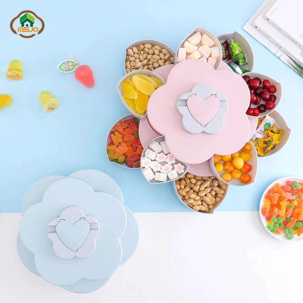 

MSJO Candy Storage Box Creative Flower Petal Fruit Plate Snack Tray Rotating Flowers Food Gift Box for Party Wedding Storage Bin