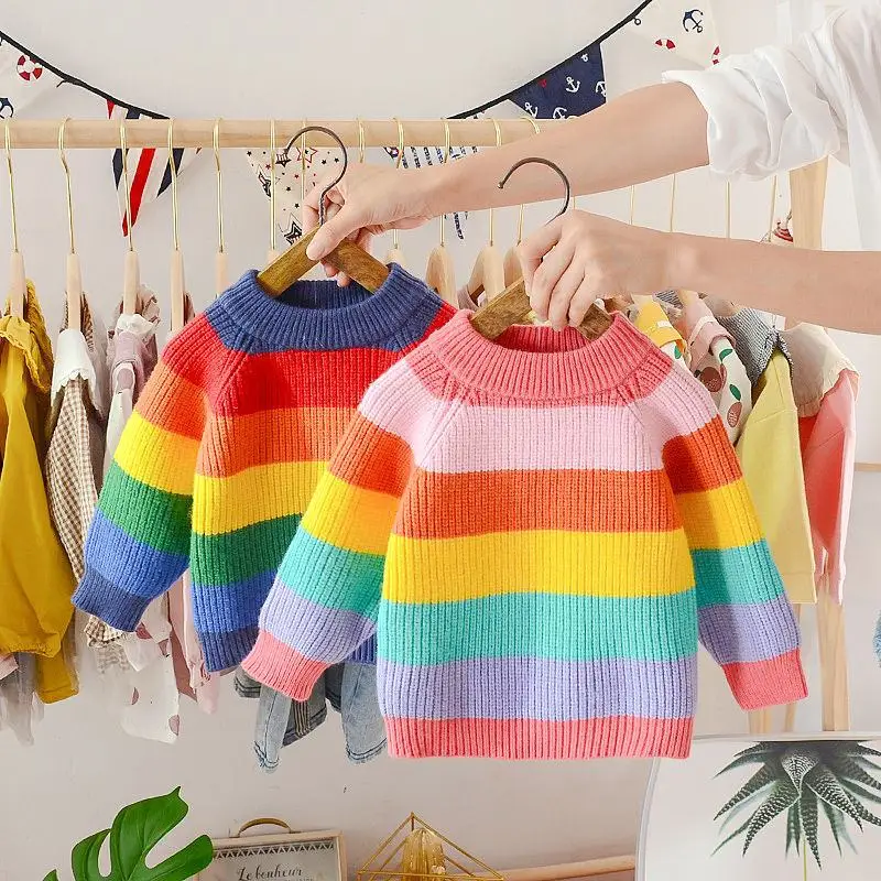 

2019 Autumn Winter New Kids Girls Rainbow Striped Knitted Sweater Baby Girls Pullover Top Sweater Children Korean Clothes N43