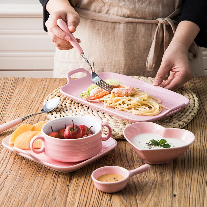 

Creative Japanese Style Couple Sets Tableware Ceramics One Person Food Double Ears Plate Soup Bowl Fork Spoon Western Dishes-023