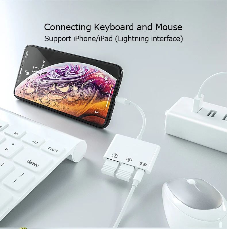 Reilim New OTG Double USB Adapter for iPhone 8 X iOS 14 USB camera U flash drive converter for lightning USB cable headphones
