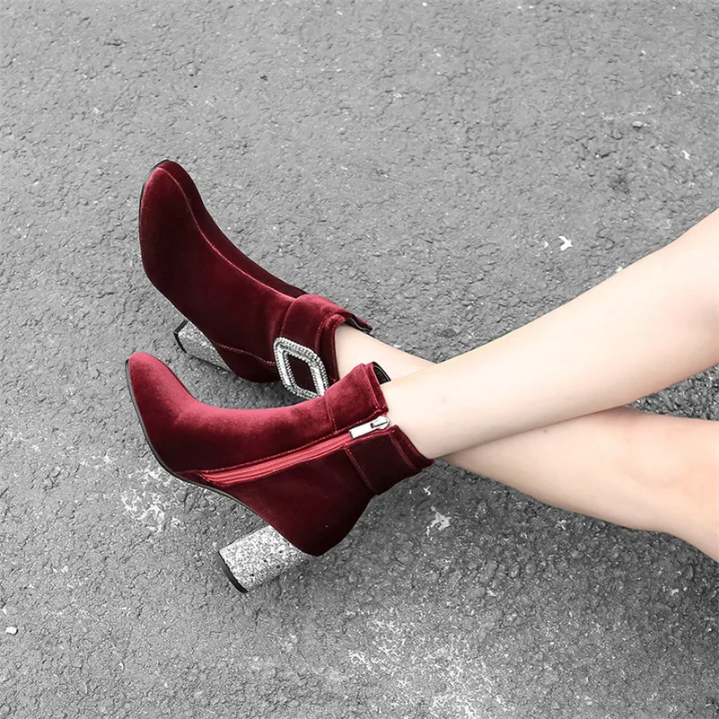 ANNYMOLI/Зимние ботильоны женские ботинки полусапожки на Высоком толстом каблуке со стразами обувь на молнии с квадратным носком Женская Осенняя обувь, большие размеры 33-43