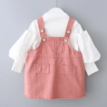 Осенний комплект одежды принцессы для новорожденных девочек, детские длинные блузы с рукавами «фонарик», футболка+ платье-комбинезон, комплект из 2 предметов, S9704