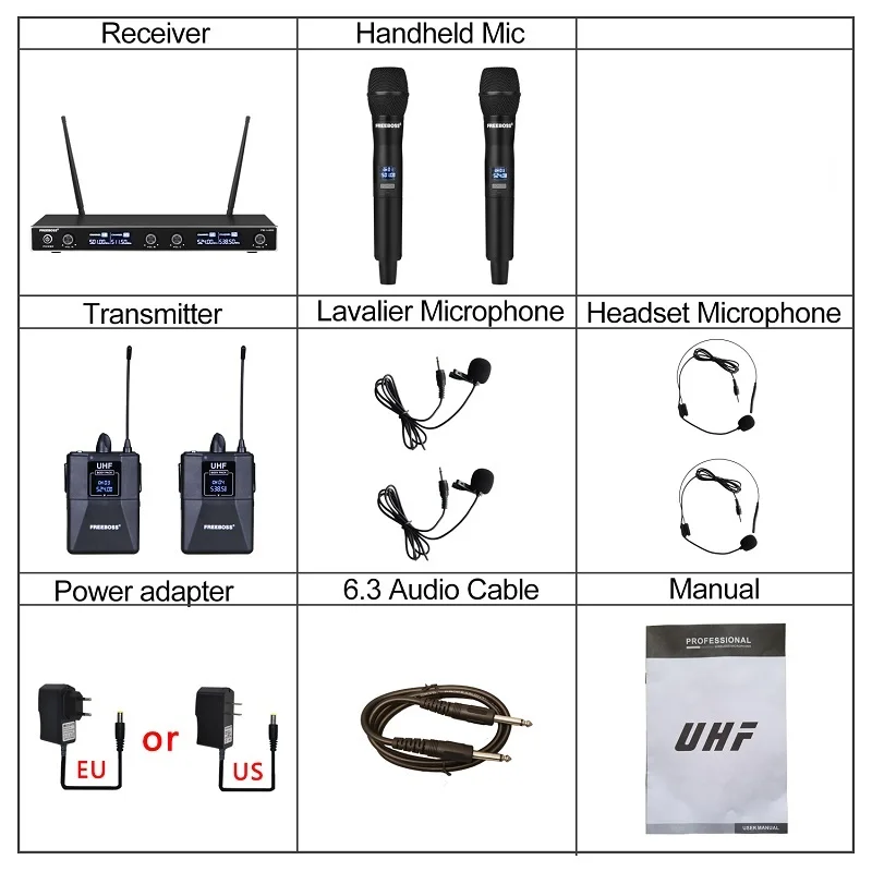 FREEBOSS FB-U400H2 4 Channel UHF Wireless Microphone System with 2 Bodypack and 2 Handheld Microphone of Church Family Party