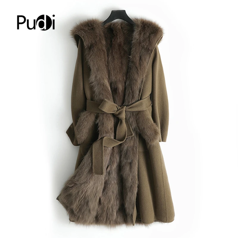 

Pudi Women Real Wool Fur Coat Parka Natural Fox Fur Liner Leisure Fall/Winter Female Long Hooded Jacket Trench Outwear ZY178