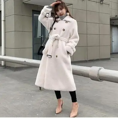 MLNRFZ Winte Длинная шерстяная куртка с поясом пальто с натуральным мехом женские пальто с отложным воротником из натуральной овчины Женское шерстяное пальто - Цвет: off white