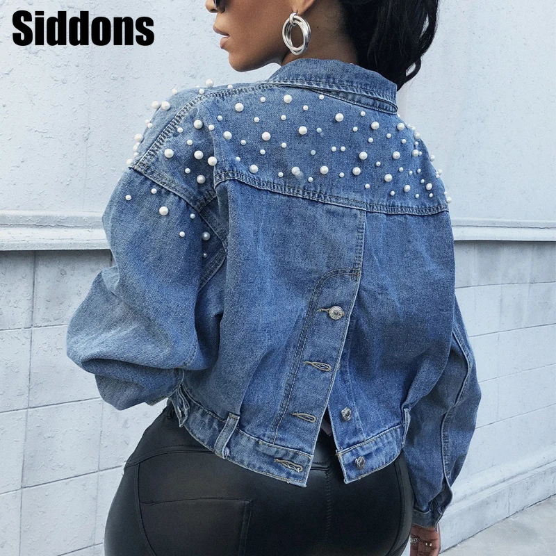

Короткая джинсовая куртка с бусинами, Женская осенне-зимняя джинсовая куртка с длинным рукавом, топы, корейский однобортный Топ с бусинами на спине