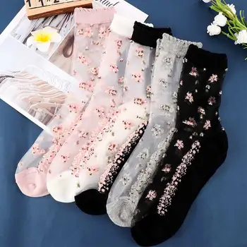 

1 Pair Breathable Ultra Thin Socks Summer Women Transparent Lace Silk Crystal Rose Flower Elastic Short Socks