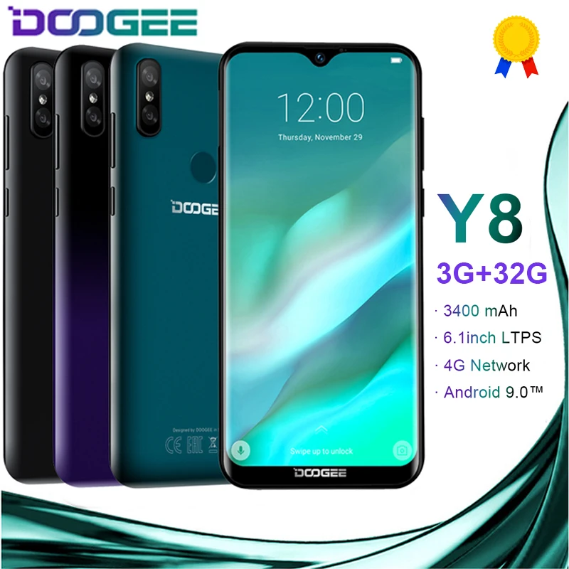 DOOGEE Y8 Android 9,0 4G LTE 6,1 дюйма 19:9 водослива экран LTPS смартфон MTK6739 3 GB Оперативная память 16 Гб Встроенная память 3400 Max две sim карты 8.0MP